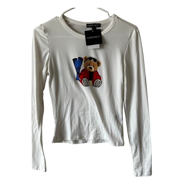 NWT Juniors Harper & Ivy Winter Bear Long Sleeve Graphic T Shirt sz S - Picture 1 of 3